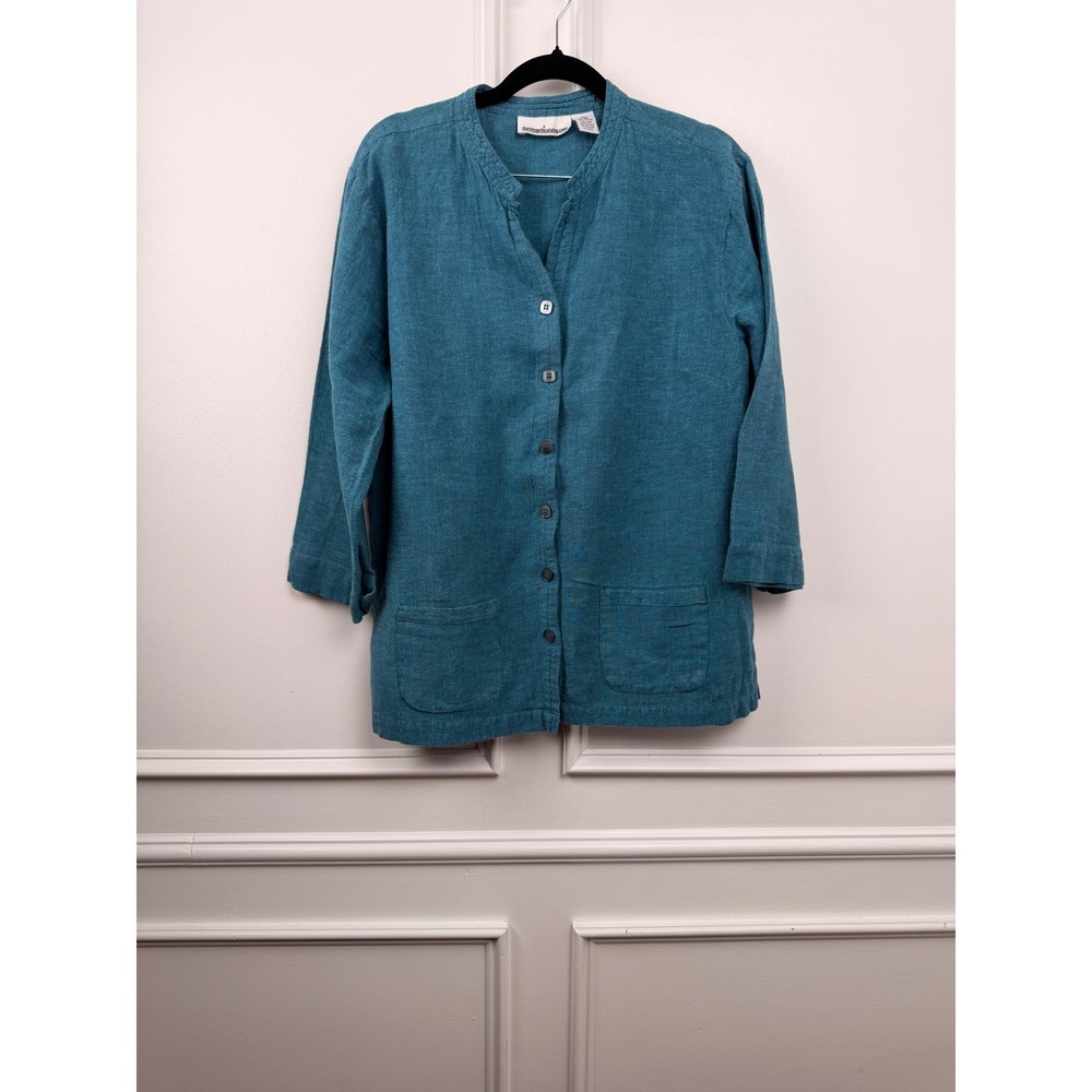 Serengeti Women's XL Teal Blue Cotton Linen Button Up Shirt W2851 India